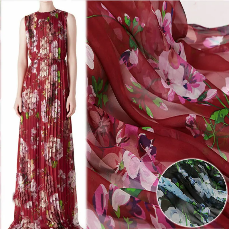 

heavy 10m/m wide width new fashion 2 color flower printed Silk chiffon fabrics silk fabric hlc130