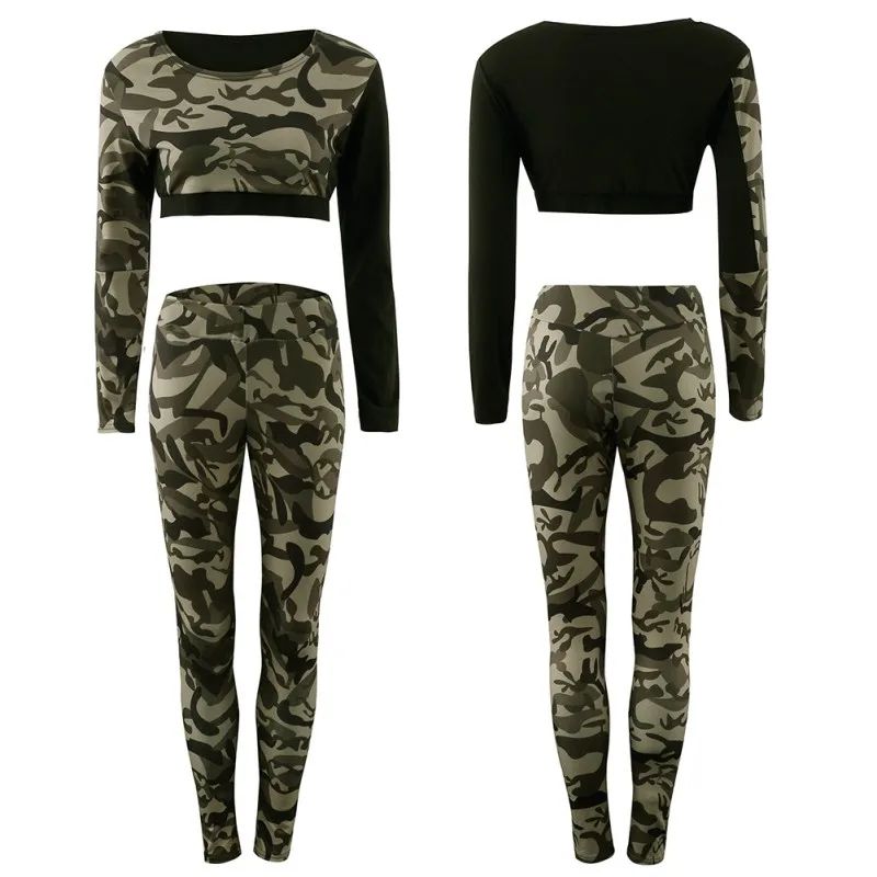 

Spring Sexy Lady Long Sleeve Short Top or Stretch Breathable Pants Slim Set Camouflage Print Women's