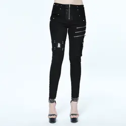 Панк женские брюки с заклепками молнии черные длинные узкие брюки бандажные сексуальные брюки Модные Колготки хлопковые брюки