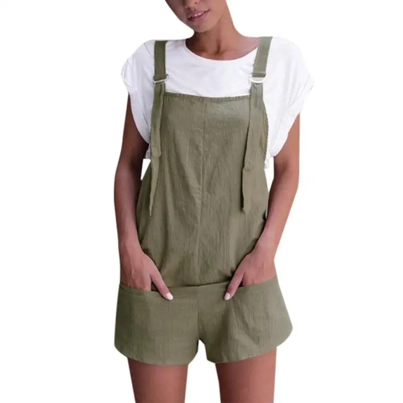 

Women Jumpsuit Short Women Overalls Solid Cotton Linen Rompers Pocket Summer Romper Mono Mujer 2018 #442