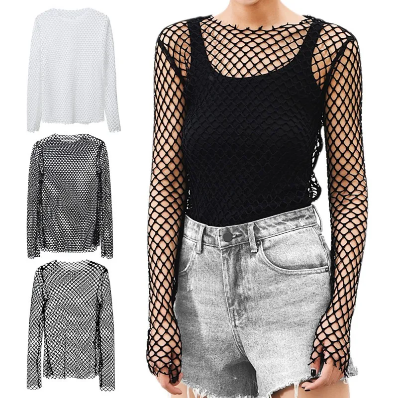 Mujeres atractivas ahuecan hacia fuera la camisa de red de malla Casual Skinny de manga larga ver a través de Camisetas Tops Camisetas de Mujer moda chicas