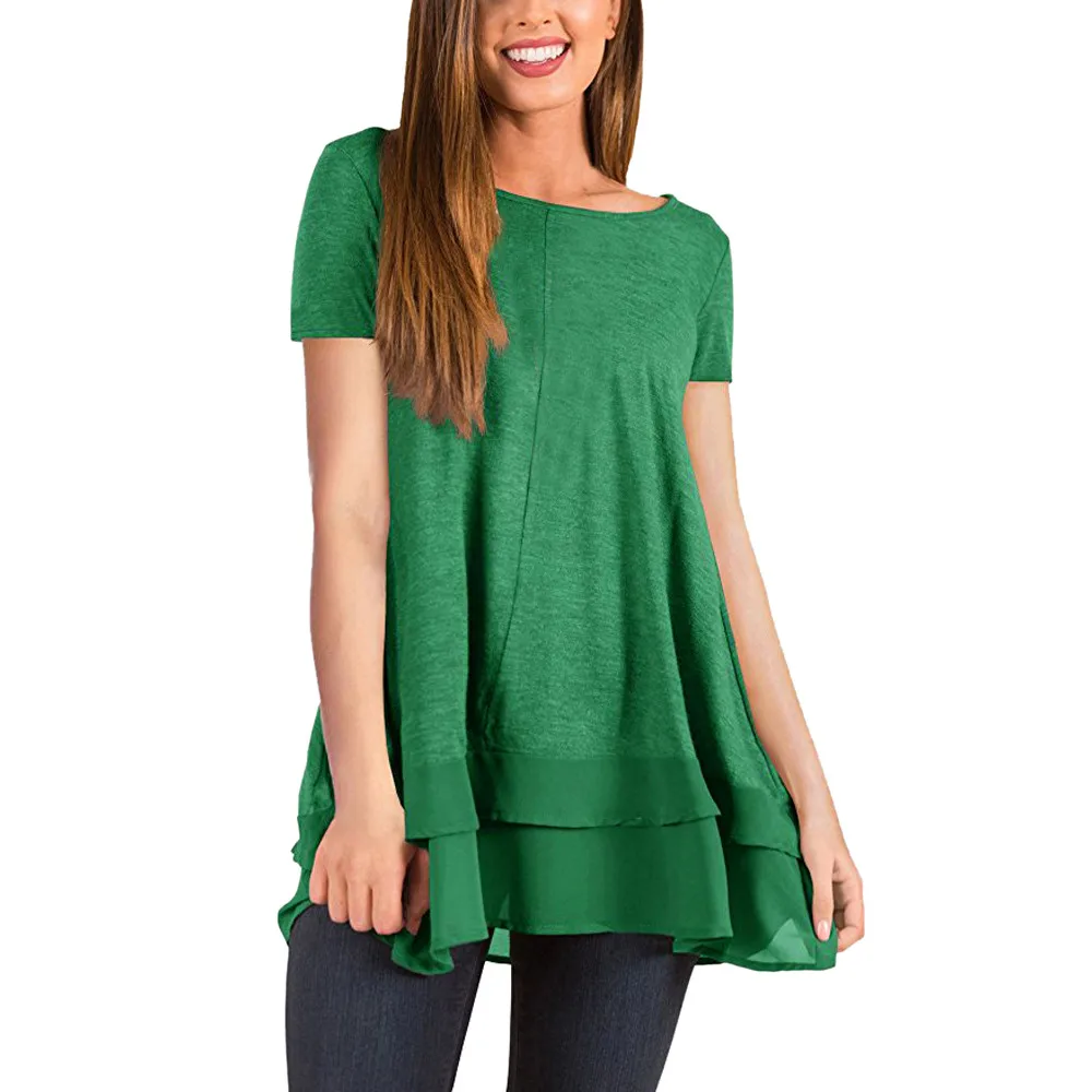 

Blouse Women Hot Sale Women's Short Sleeve Tunic Tops Round Neck Chiffon Hemline Loose Blouses Feminine Clothing Lady Shirts &A