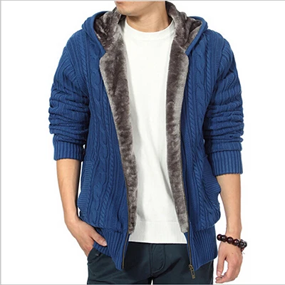 Толстый теплый флисовый вязанный зимний мужской кардиган, мужской свитер с капюшоном, пальто, черный оливковый зеленый синий - Цвет: Синий