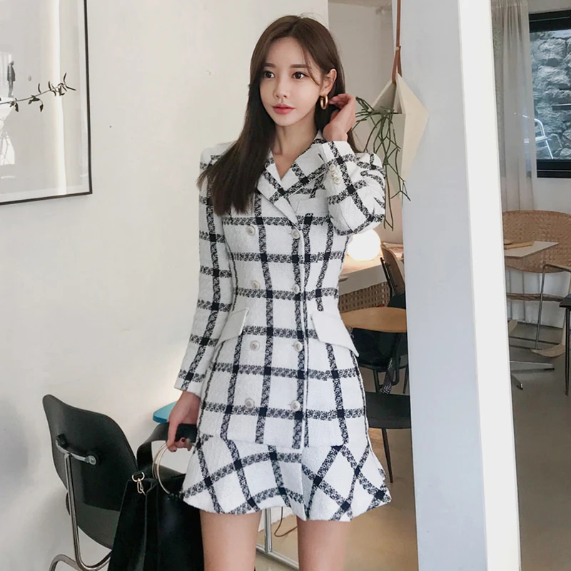 

HAMALIEL Korean Winter Women Woollen Coat White Plaid Ruffles Double Breasted Tweed Overcoat Fashion Slim Long Sleeve Outerwear