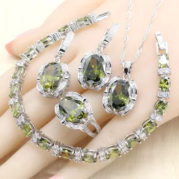 

Olive Green CZ Silver Color Jewelry Sets for Women Wedding Earrings Bracelet Rings Necklace Pendant Gift Jewelry Box