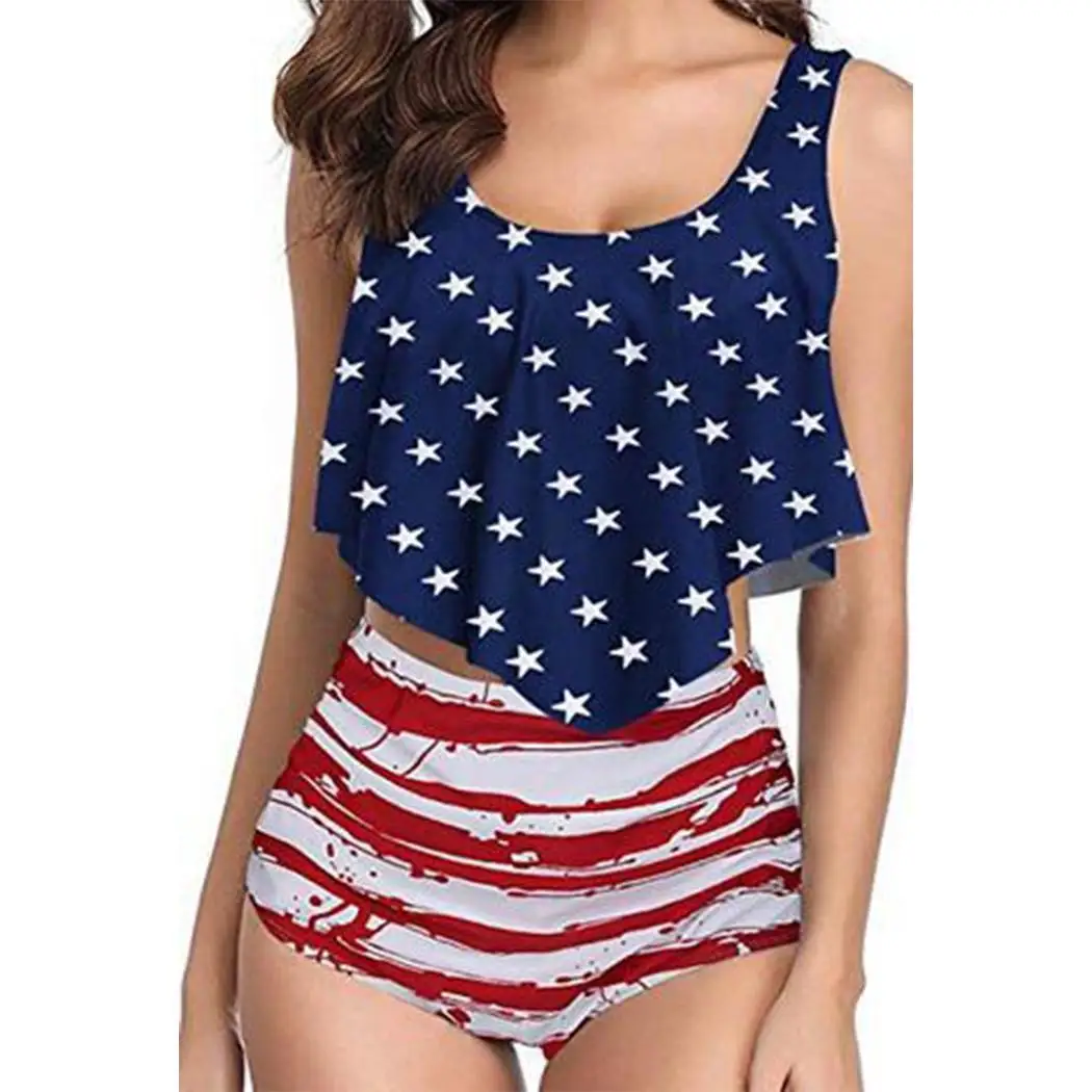 

Women Fashion Stripes Star High Waisted Bikini Casual Bottom Print Tankini Set Sleeveless Blue Swimwear V Neck
