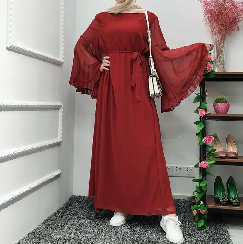 Chifffon Vestidos Рамадан кафтан абайя, арабское мусульманское Макси платье кафтан Elbise Hijab Eid платья Robe Femme Musulmane - Цвет: Red dress