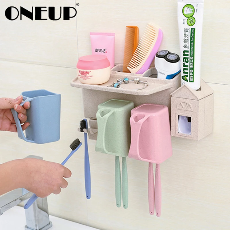 ONEUP Automatic Toothpaste Dispenser Toothbrush Holder Set With 3 Wash Cup Bathroom Wall Mounted Home Accessories | Дом и сад