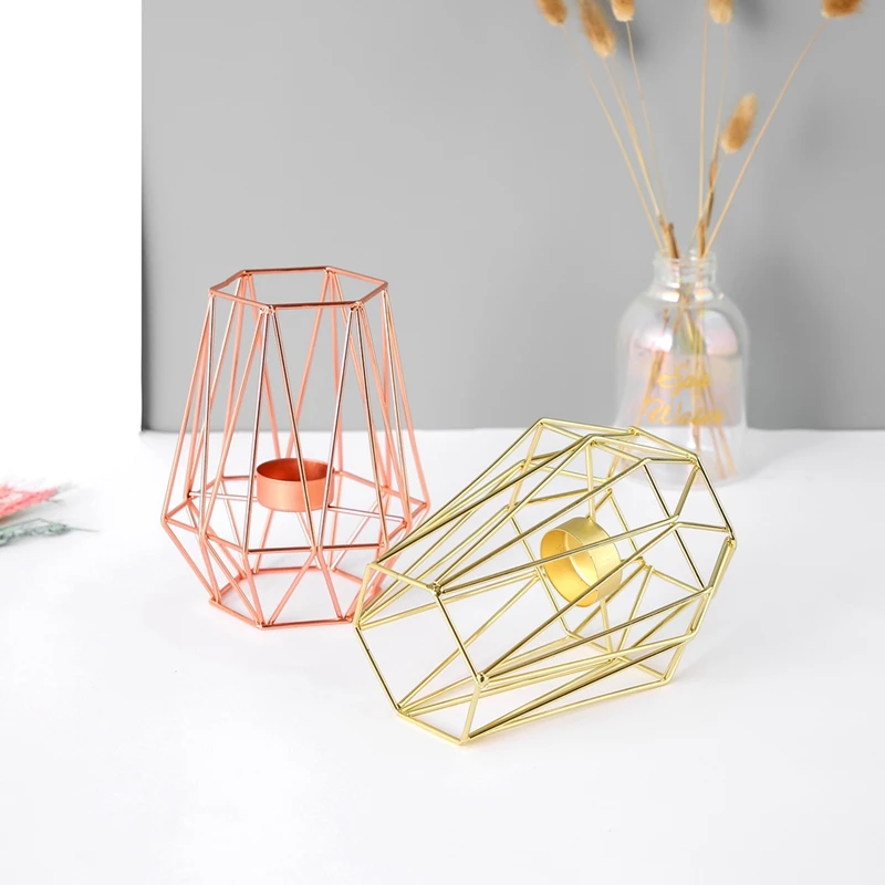 

Rose Gold Metal Crafts Candle Holder Table Decor Nordic Style Candle Holder Wrought Iron Geometric Candlesticks Home Decoration