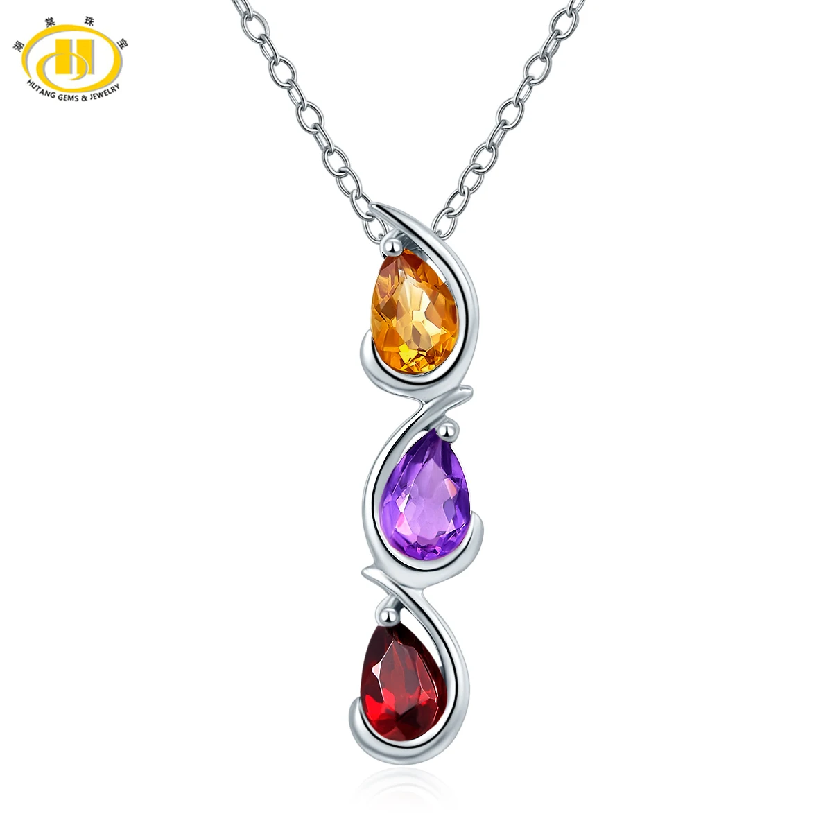 Hutang 3 stone Classic Gemstones Pendant Necklace Solid 925 Sterling