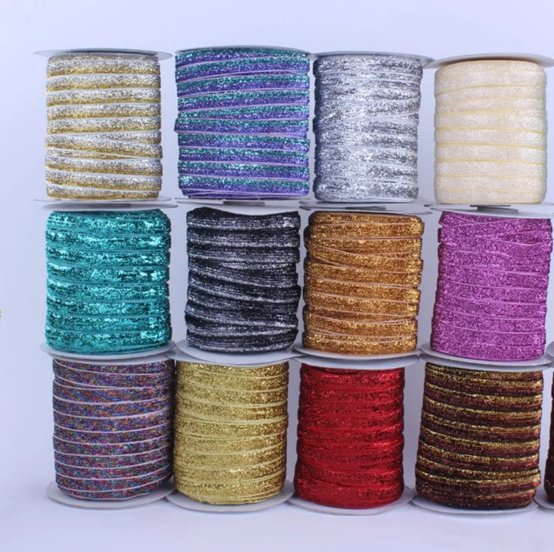 50Y/Roll 3/8" 9 10mm Sparkly Glitter Metallic Velvet Ribbon Velour