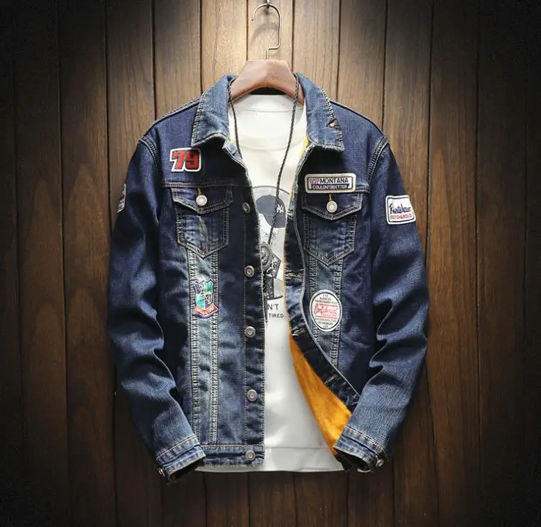 Men's Badge Patches Blue Denim Motorcycle Jackets Winter Thick Warm