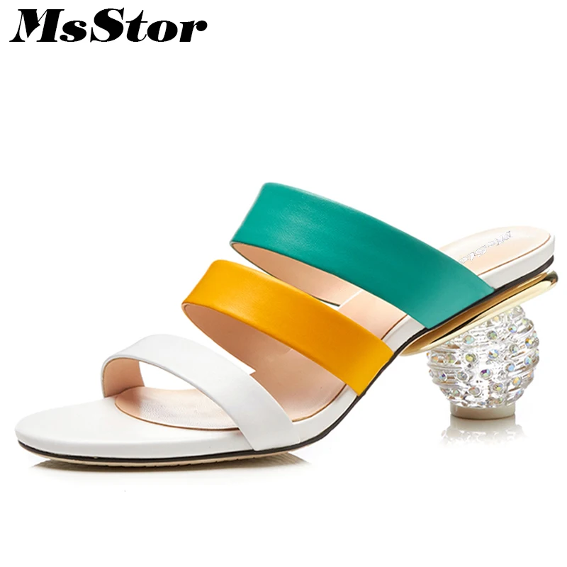 

MsStor Round Toe Rhinestone Sandals Fashion Mixed Colors High Heels Woman Sandals 2018 Summer Open Toed Women High Heel Sandals