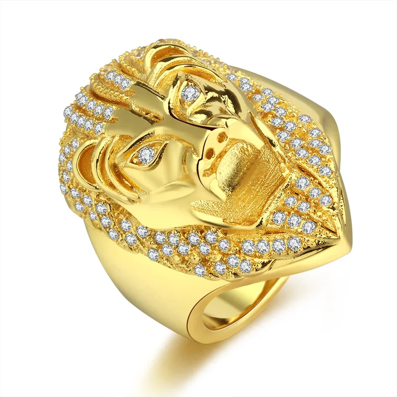 

Gold color AAA Zircon Lion 's head Men Hip hop rings fashion vintage Animal shape ring male jewelry gifts