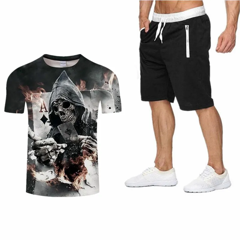 

2019 Newest skull 3D Print Animal Cool Funny Sporting Suit T-shirt +shorts Mens 2 Pieces Sets casual clothing Fashion T-shirt