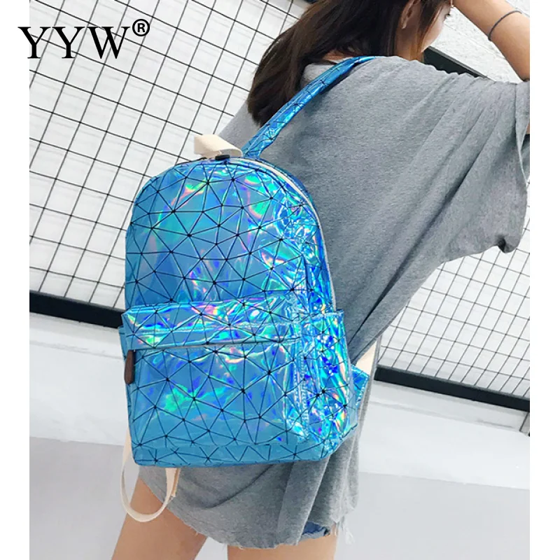 

Laser Backpack Women Large Capacity Geometric Shining Bagpack For Teenage Girl Sliver Mochila Female Fashion 2019 School Bag