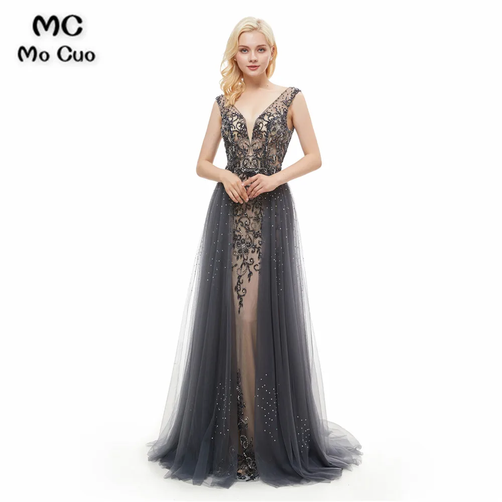 

New Arrival Luxuries Prom Dresses with Beaded Crystals V-Neck Tulle Sweep Train Evening Gown Prom Dress Custom Made