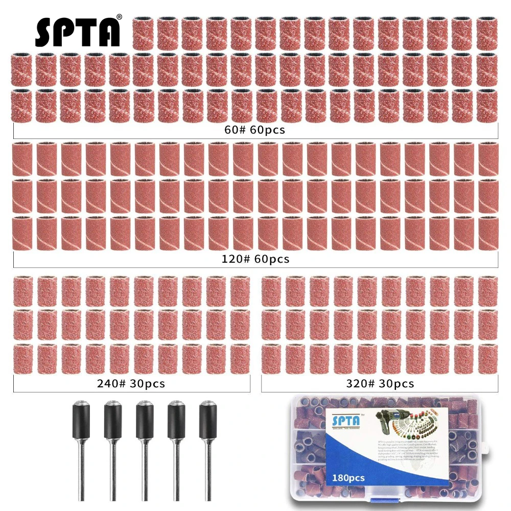 

SPTA 1/4" Sanding Bands Drums 60 120 240 320 # Sand Mix Grits 5 Mandrel For Nail Drill Bits Proxxon Dremel Rotary Tools 180Pcs