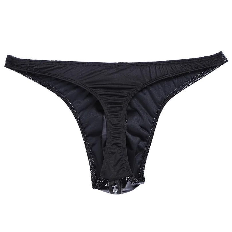 Mens Lingerie Sexy Thongs Bikini Underwear Patent Leather Briefs Underpants with Front Zipper Silky Low-waist Underwear iiniim men stretch g string panties,men stretch thong underwear,men patent leather briefs,men lingerie briefs