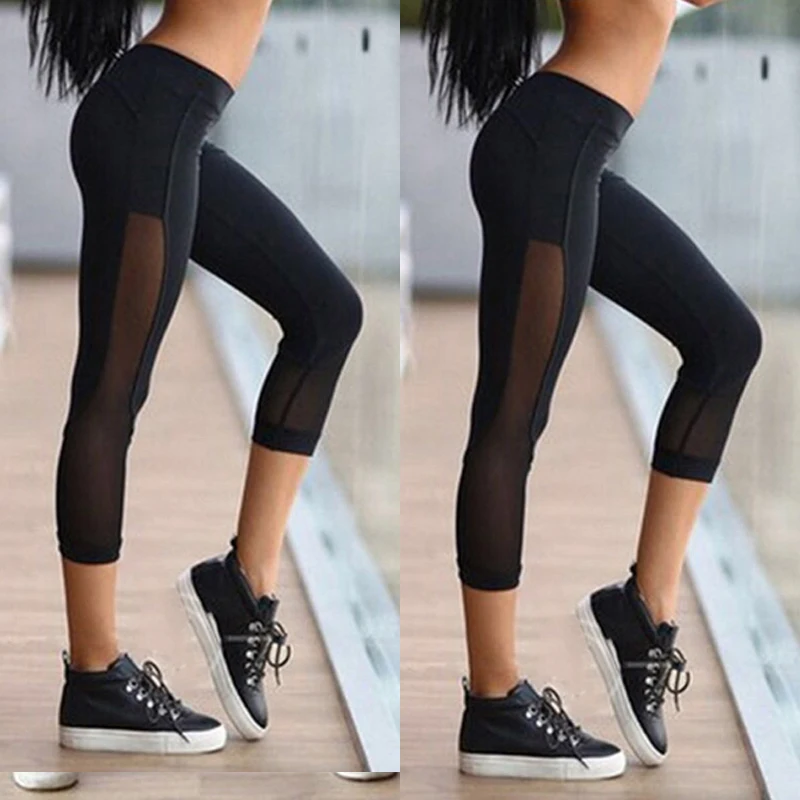 2019 Hot sell New Solid Cropped Trousers Tight Yoga Bottom Women Mesh Leggings Sports Running Gym Cropped Trousers Yoga Fitness