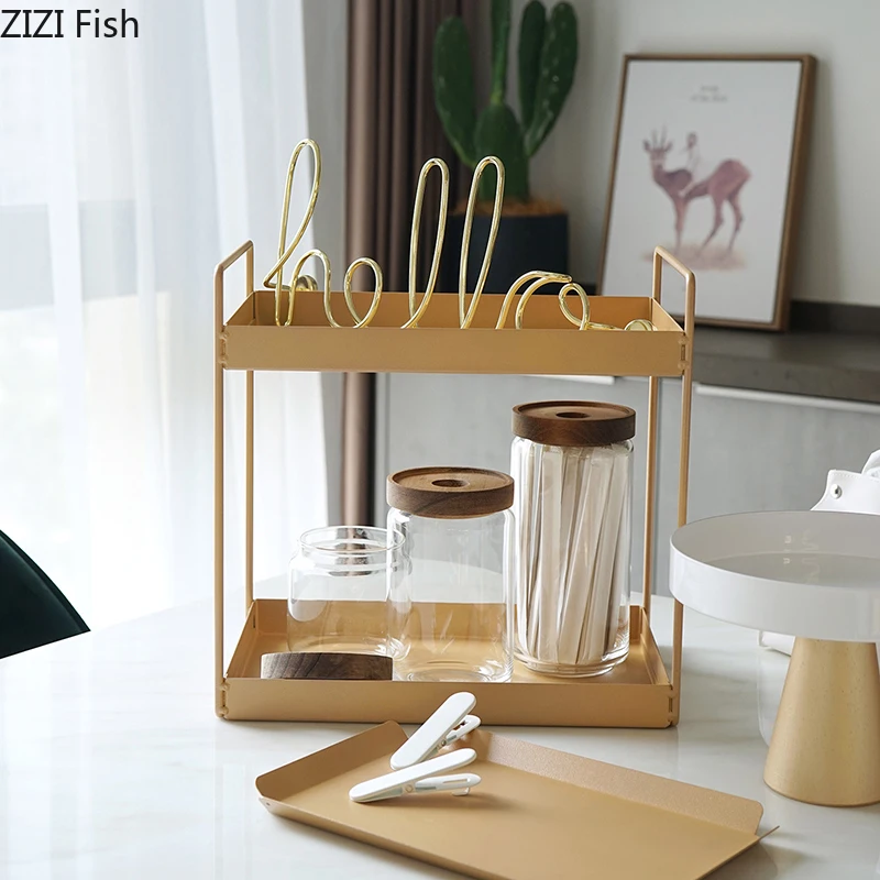 

Golden Metal Storage Racks Geometry Tray 1 Piece Baby Room Kitchen Decorations Tools Accessories 2 Tiers Iron Frame Holders