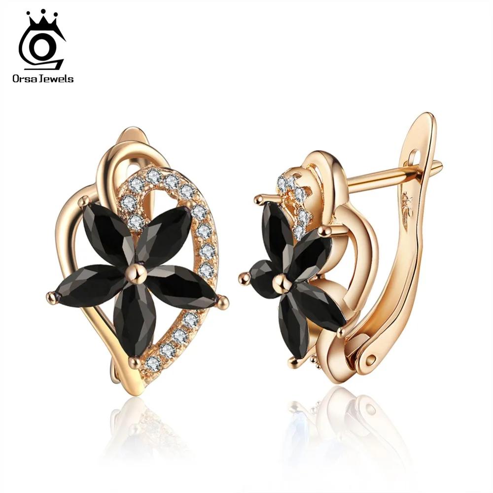

ORSA JEWELS Noble Gold-color Stud Earrings Flower Shape AAA Black Cubic Zircon Luxury Female Earring Fashion Jewelry OME57-B