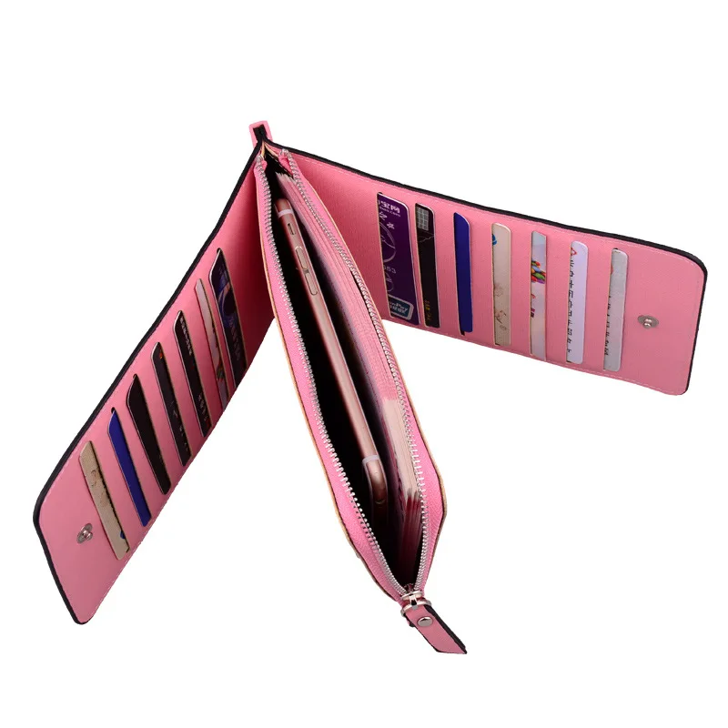 

2019 New Soft Leather Wallet for Women 20 Cards Holder Leather Zipper Purse Ladies Bifold Card Case Phone Holder