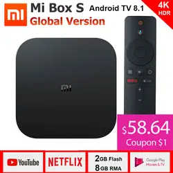 Xiaomi mi Box S 4 к ТВ коробка Cortex-A53 4 ядра 64 бит Mali-450 1000Mbp Android 8,1 2 ГБ + 8 Гб HD mi 2,0 2,4 г/5,8 Г Wi-Fi BT4.2 последние