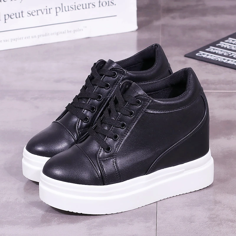 10cm Increase Flat Platform Shoes Female Thick Sole Students Casual Shoes Woman Flats Lace Up Solid White Black Women Shoes