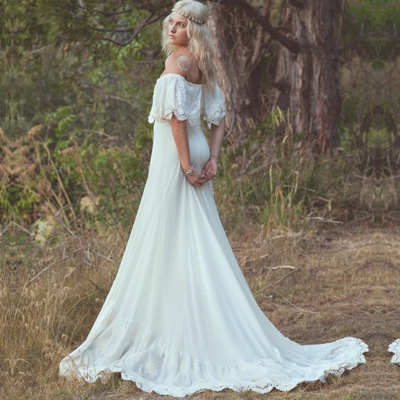 Богемное свадебное платье с вырезом лодочкой, шифоновое белое пляжное свадебное платье es Плюс Размер свадебное бохо-платье Vestido de noiva de renda