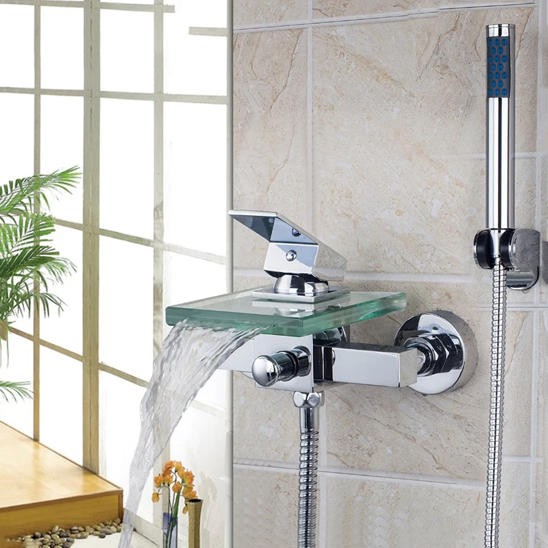 Torayvino Bath Shower Faucets Square Wall Mounted Waterfall Glass Spout Bathroom Bath Handheld
