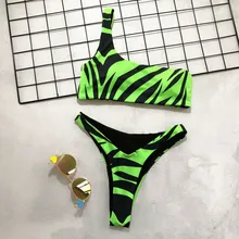 Неоновое зеленое бикини на одно плечо,, микро бандо, купальник для женщин, купальный костюм, бикини, летняя пляжная одежда, пуш-ап, купальник# Y