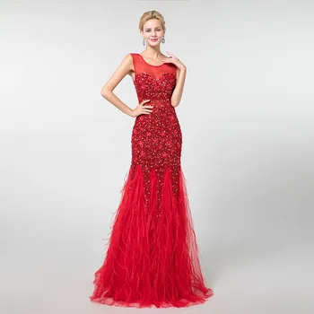 

Elegant Red Crystals Feathers Evening Dresses Long Mermaid Evening Gown Formal Dress YQLNNE