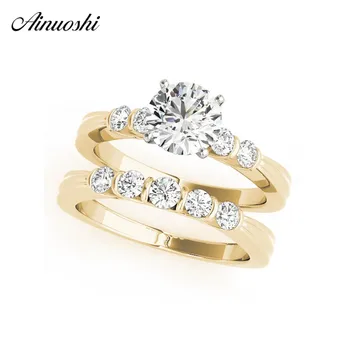 

AINUOSHI Classic 925 Sterling Silver Women Ring Set Yellow Gold Color Round Ring Aniversary Party Silver Jewelry anillos de boda