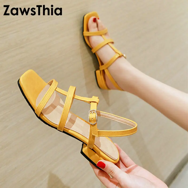 

ZawsThia 2019 Summer PU Yellow Blue Green Low Square Heels Woman Shoes Bandage Strap Open Toe Gladiator Sandals Big Size 48 49