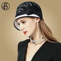 FS Fascinator Lace Bowknot Wide Brim Fedora Hat For Women Black White Vintage Church Derby Hats Ladies Bowler Chapeau Femme