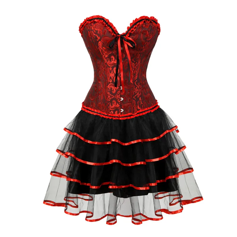 Викторианское платье с корсетом в готическом стиле винтажные Корсеты выше груди и бюстье юбка-пачка комплект плюс размер костюм для бурлеска модный сексуальный красный