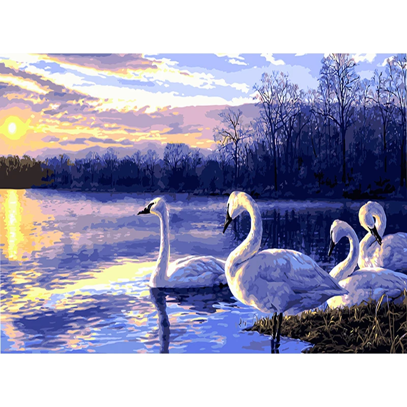 

DIY Digital Painting By Numbers Package four swans oil painting mural Kits Coloring Wall Art Picture Gift frameless