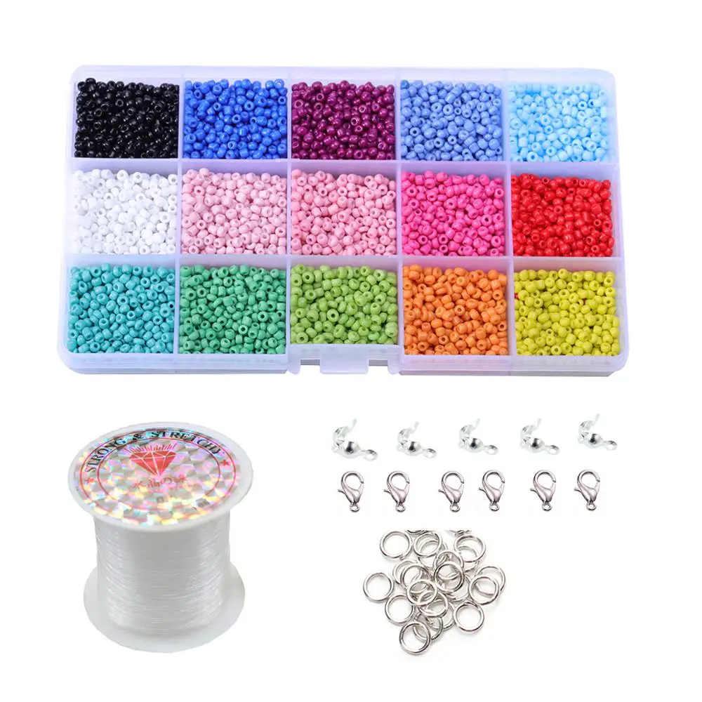 

3mm Glass Spacer Rice Beads DIY Combination Wholesale 15 grids/box With Elastic Stretch String Lobster Clasps Jump Rings Jewelry