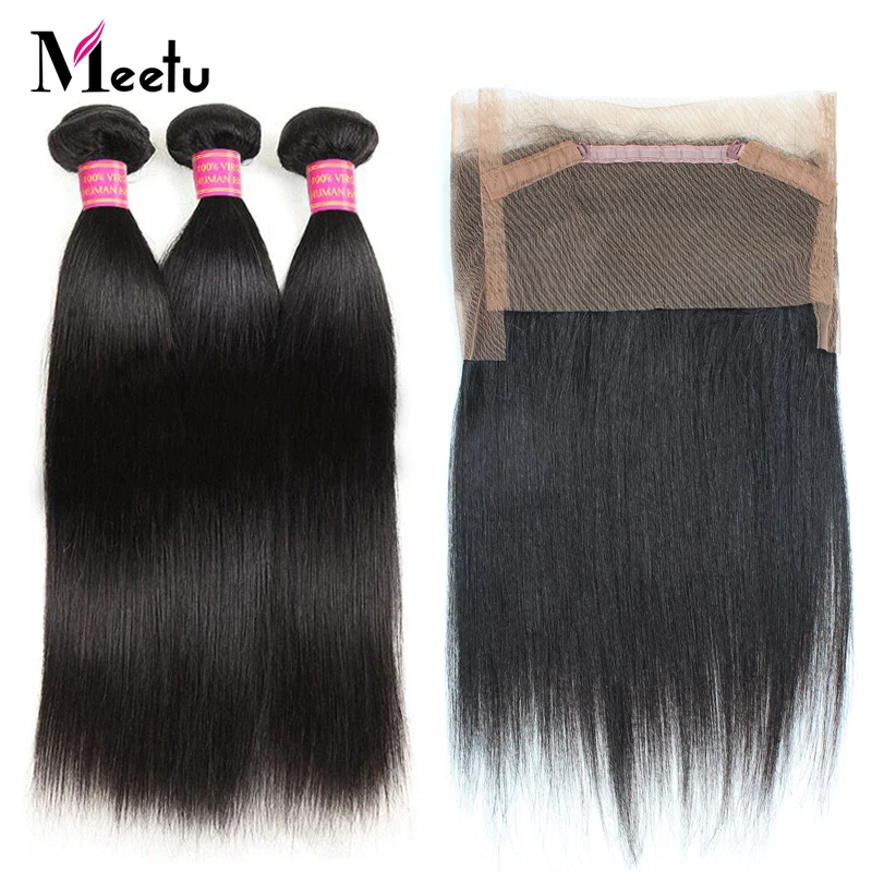 

Meetu Indian Straight Hair Bundles with Frontal Closure 2PCS Human Hair Bundles with Frontal Non Remy 360 Frontal with Bundles