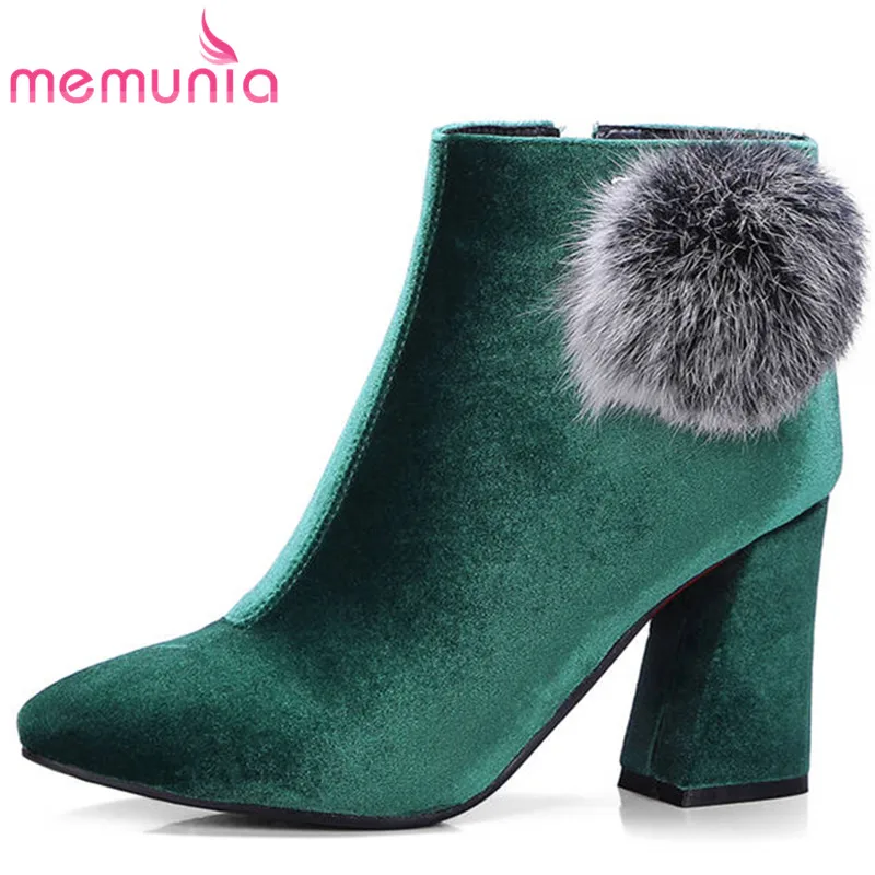 

MEMUNIA 2020 newest ankle boots for women top quality flock autumn boots pointed toe high heels boots simple zipper dress shoes