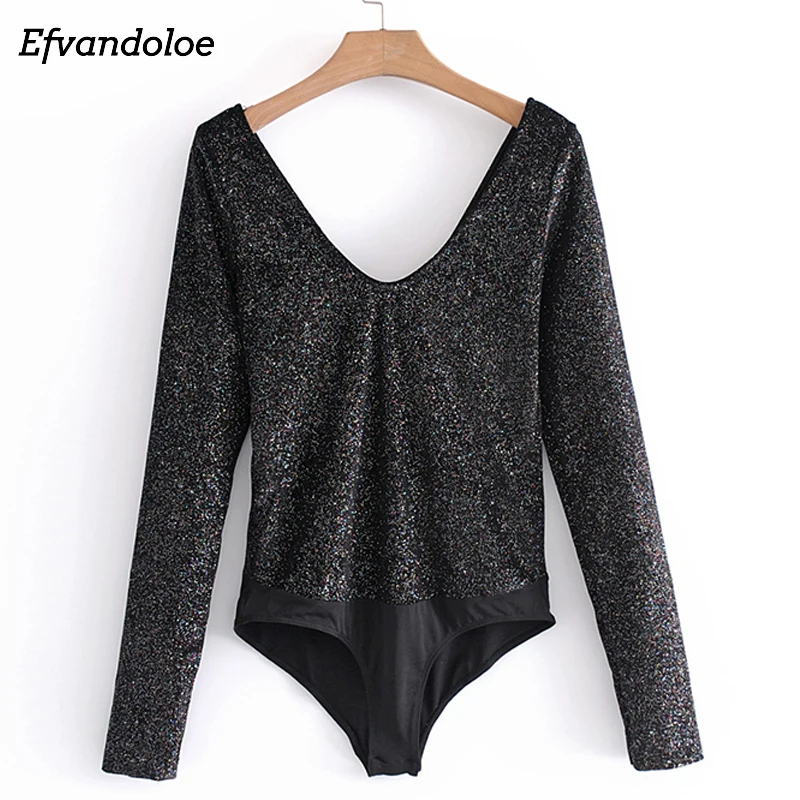 Efvandoloe Velvet Women Bodysuits Bodycon Slim Sexy sequin Jumpsuits Long Sleeve Bodysuit