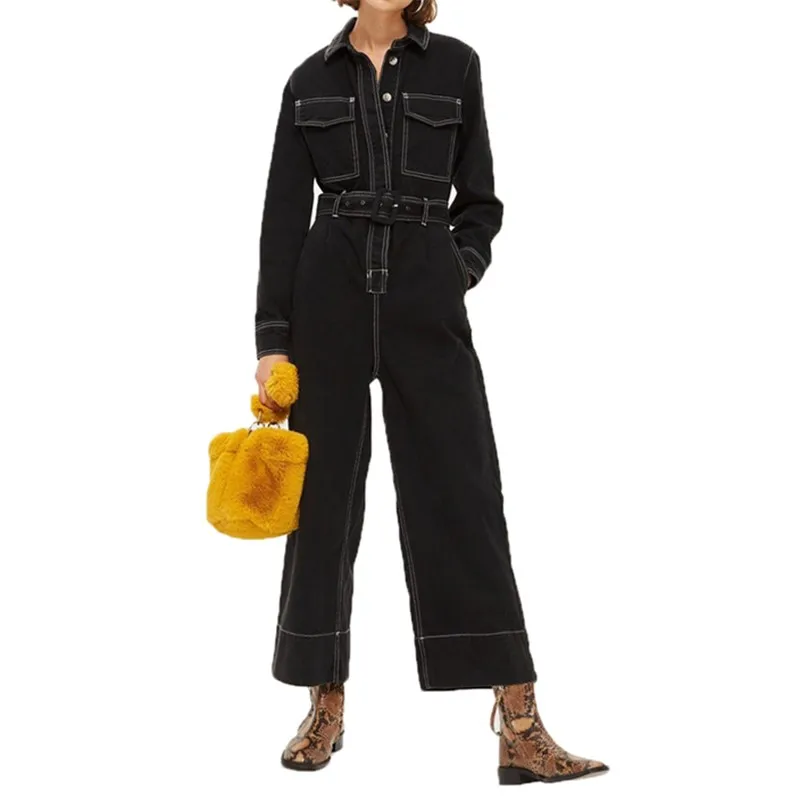 

Spring Autumn Fashion Slim Contrast Color Double Pockets SML XL XXL Black High Waist Cotton Woman Casual Wide-leg Jumpsuits