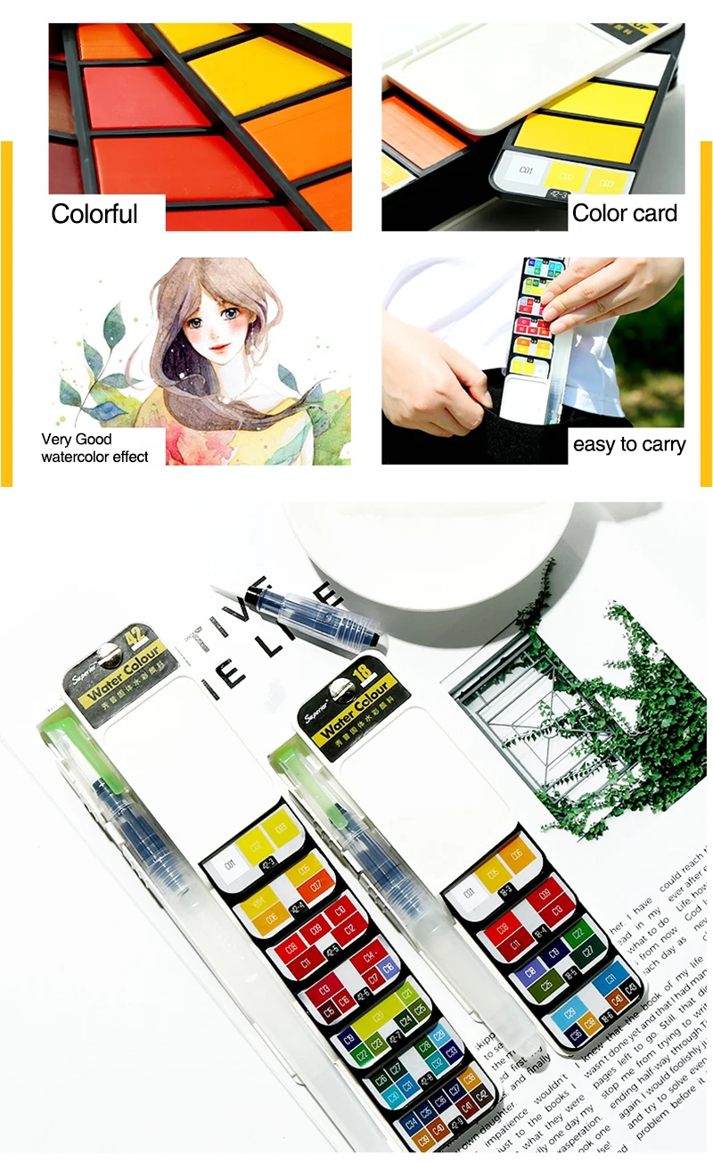 Aquarela com Waterbrush para Desenho Cores Pigmento Tintas Conjunto Sólido Pintura Aquarelas Terno Dobrável 18 - 25 33 42 15 Cheap Water Color