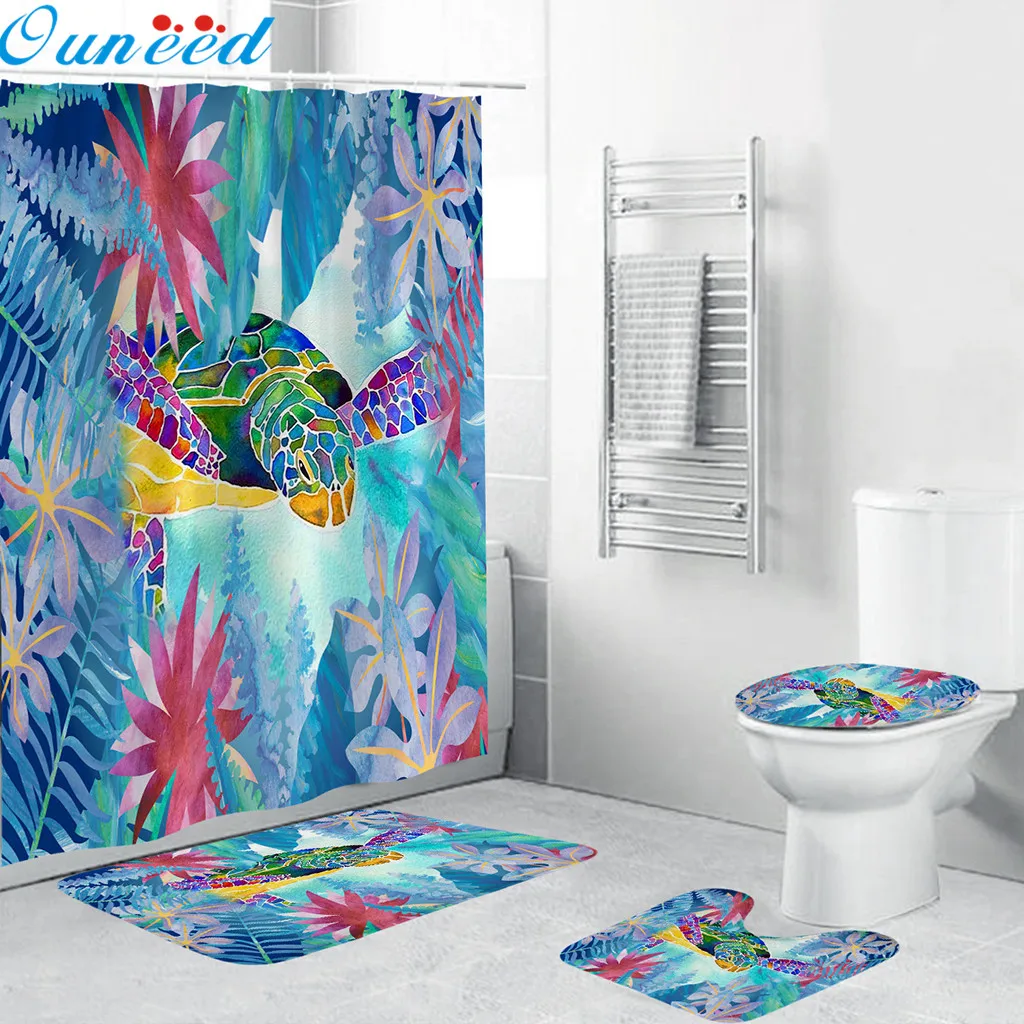 

Ouneed ocean Big turtle pattern Waterproof Bathroom Shower Curtain 4PCS set Non Slip Toilet Polyester Cover Mat Set dropshipping