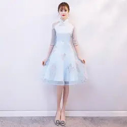 2019 nueva moda de encaje Cheongsam модерано bordado azul corto Qi Pao Chinoise vestido diio chino tradicional ropa Qipao