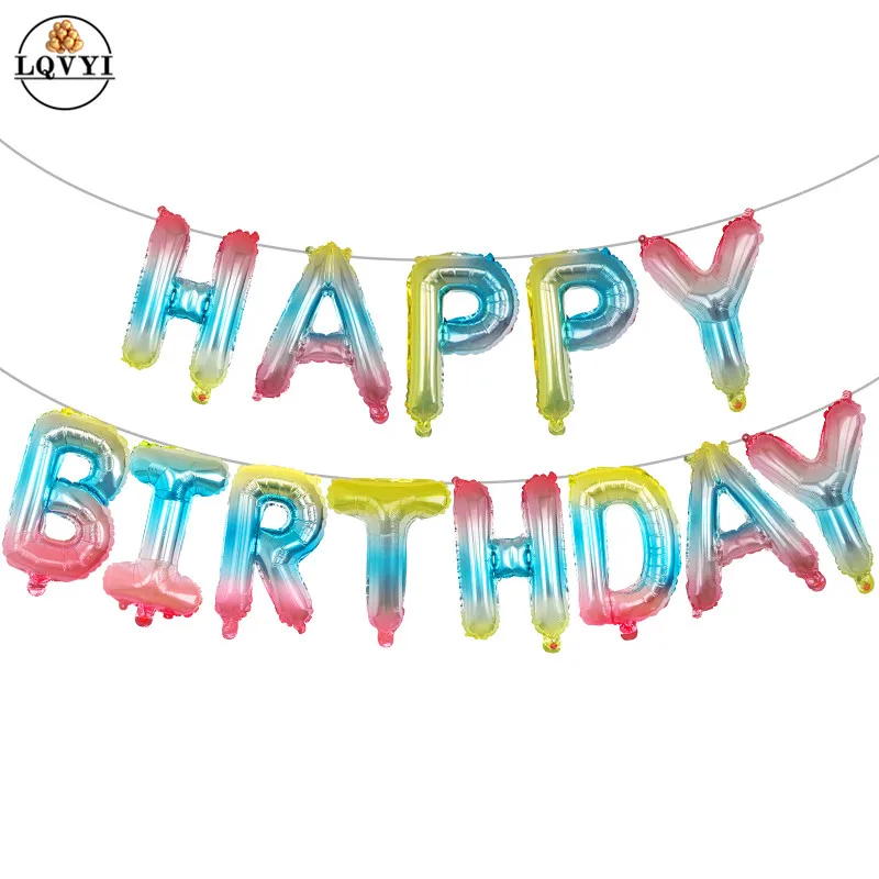 

13pcs/lot 16inch Happy Birthday Letter Foil Balloons Rainbow Gradient Color Hanging Banner Blue Clouds Birthday Party Decor ball