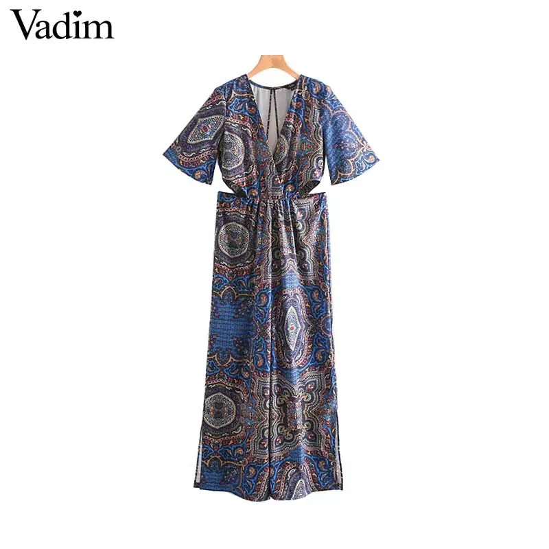 

Vadim women stylish V neck jumpsuits back zipper shprt sleeve split rompers stylish female summer chic playsuits KA953