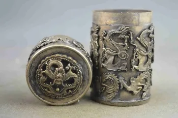 

Collectible Handwork Old tibet silver Carve Dragon Phoenix Toothpick box