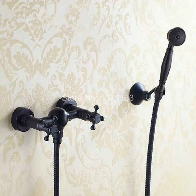 Oil Rubbed Bronze Telephone Style Wall Mounted Dual Cross Handles Bathroom Tub Shower Faucet Set w / Handheld Shower ahg011 Oil Rubbed Bronze Telephone Style Wall Mounted Dual Cross Handles Bathroom Tub Shower Faucet Set w / Handheld Shower ahg011